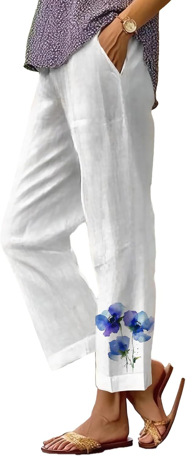 Women's Boho Floral Wide Leg Capris - Elastic Waist, Loose Fit Beach Pants | Casual Summer Trousers