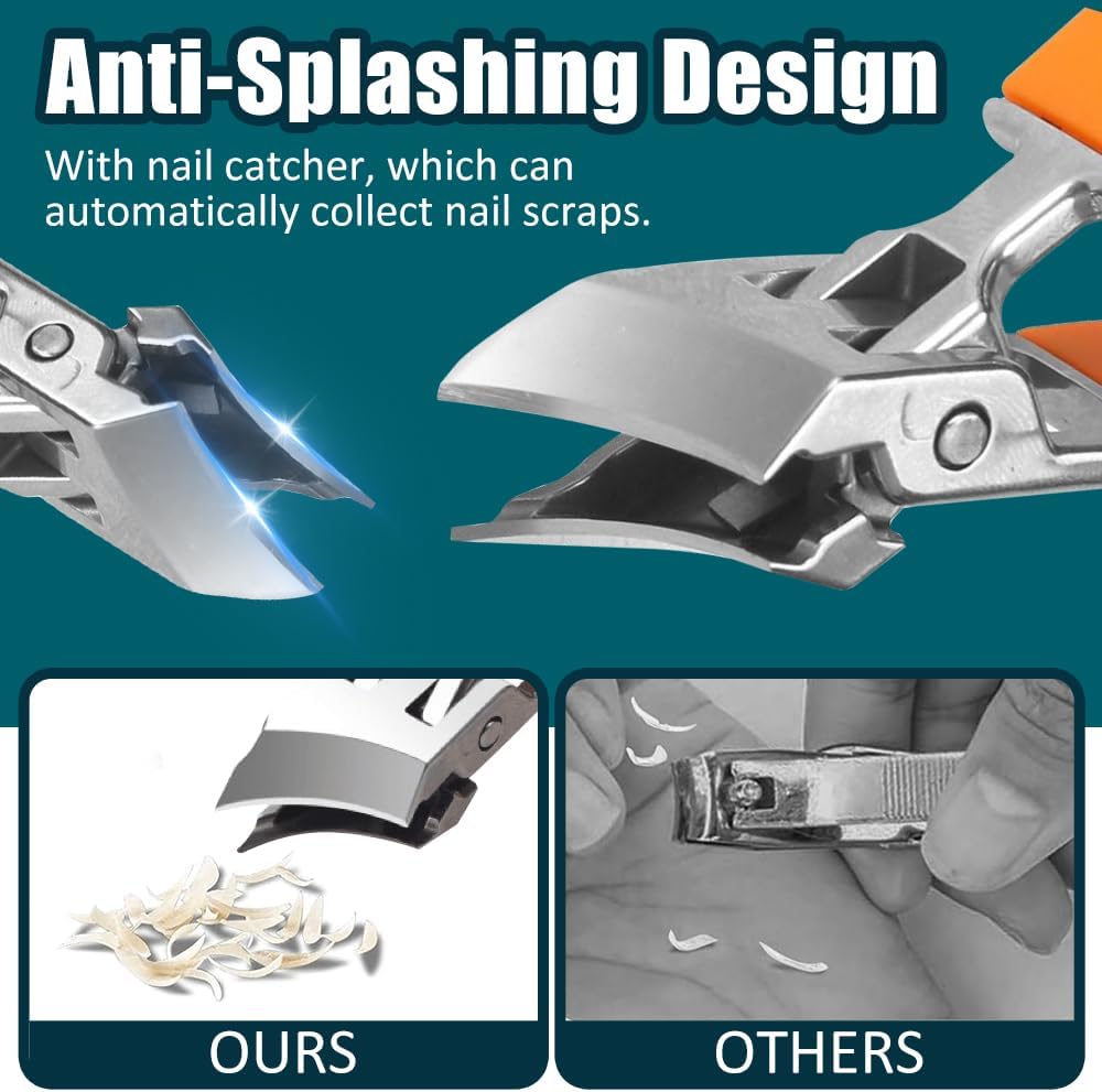 Wide Jaw Opening Anti-Splash Slanted Nail Clipper - Curved Fingernail & Toenail Clippers for Thick Nails | Black & Orange