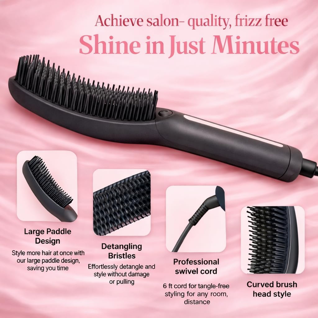 Speedy Precision Hair Straightener Brush - Sleek Hair in Minutes | LED Display 170-430°F, Curved Design for Comfort