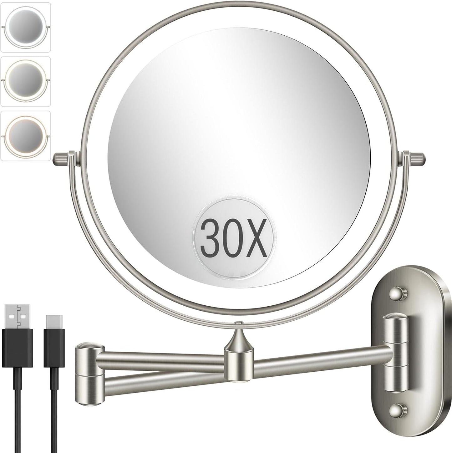 Lighted Makeup Mirror - 30X/1X Double-Sided Rechargeable Magnifying Mirror | 8'' with 3 Color Touch Dimming & 360° Rotation