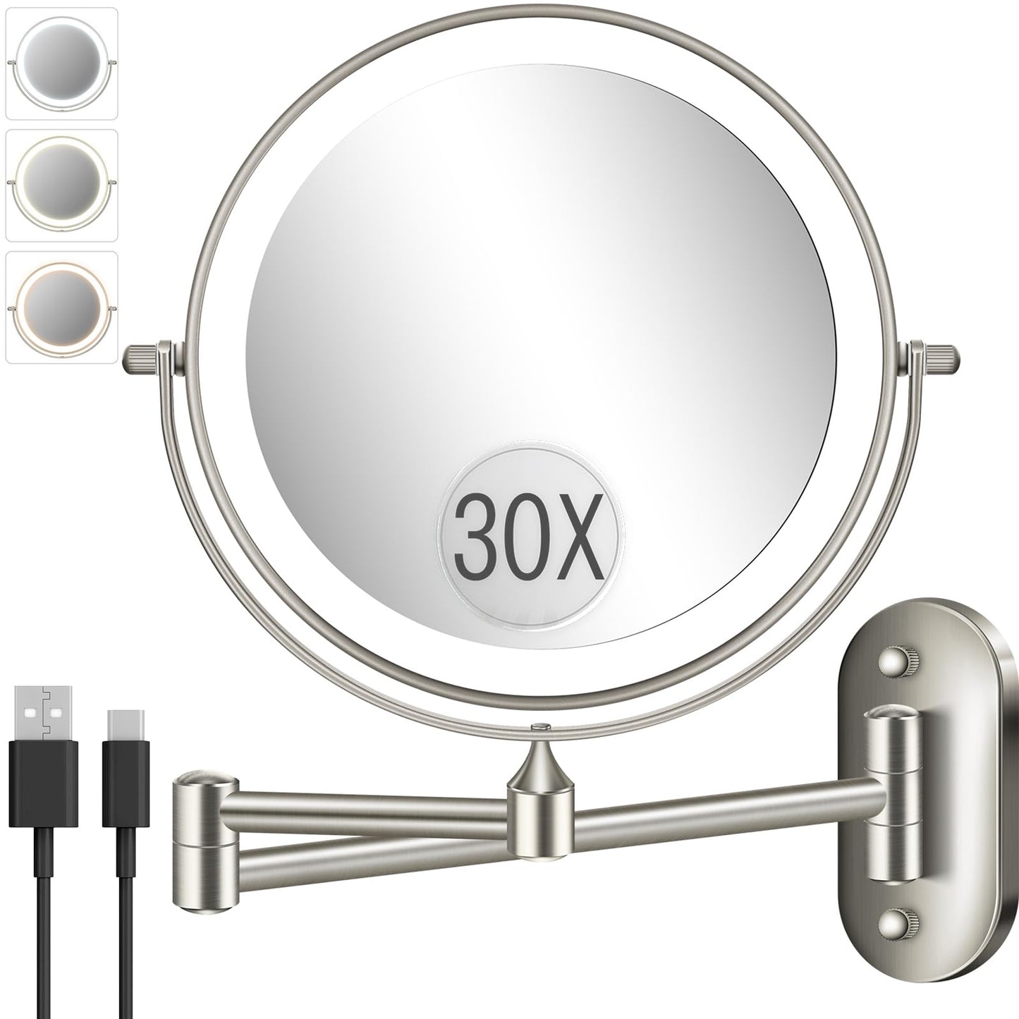 30X/1X Wall Mounted Lighted Makeup Mirror, 8'' Double Sided Rechargeable Magnifying Bathroom Mirror with Light, 3 Color Lights Touch Dimmable Extended Arm 360 Rotation Light up Mirrors
