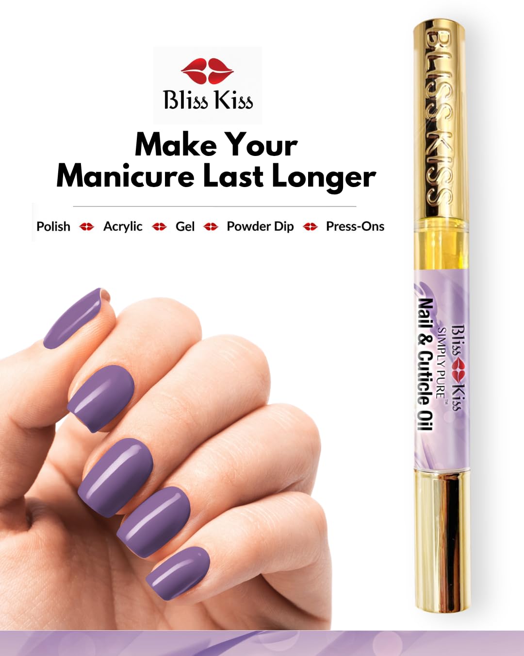 Bliss Kiss Nail Oil Cuticle Pen - Lavender Vanilla with Vitamin E & Jojoba | Nail Strengthener for Brittle Nails