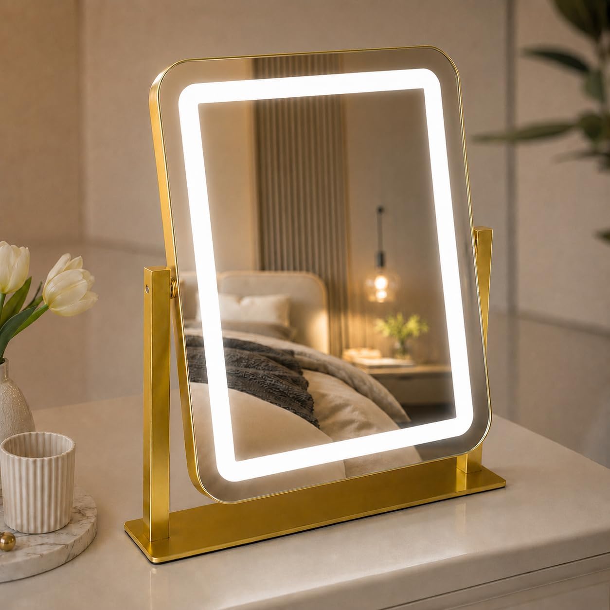 Gold Lighted Makeup Mirror - 15" x 13" Dimmable LED Vanity Mirror with Touch Control | 360° Rotation for Bedroom & Dorm