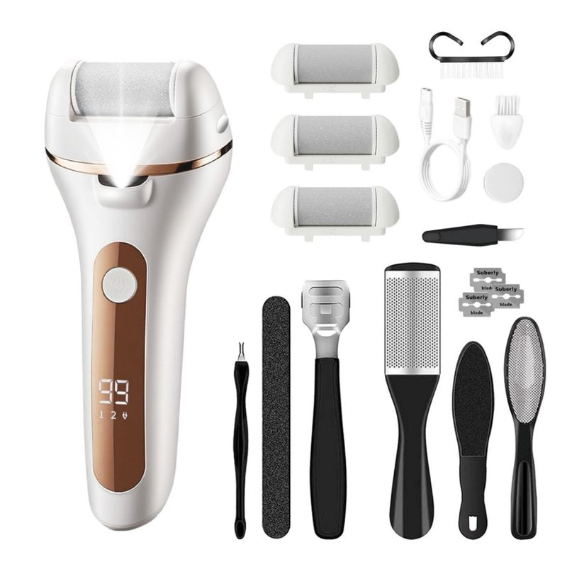 Electric Foot Callus Remover Rechargeable Pedicure Kit with 3 Roller Heads 2 Speed IPX6 Waterproof Foot File Pedicure Tools Professional Foot Care for Dead Cracked Dry Skin White