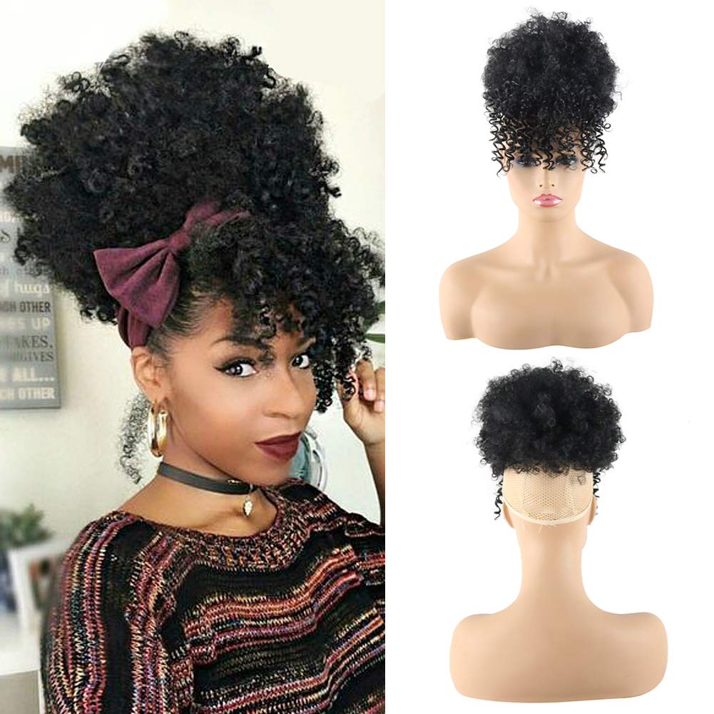 Curly Ponytail Wig for Black Women - Afro High Puff Bun Hair Piece with Bangs | Synthetic Drawstring Extension