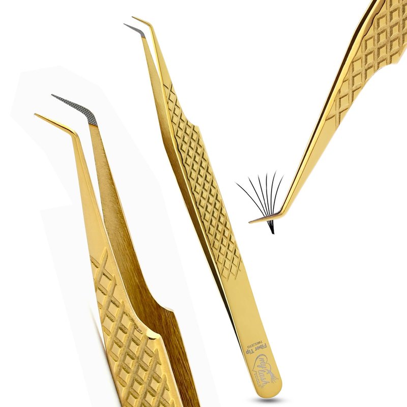 Fiber Tip Lash Tweezer 45 Degree Tip – Non Slip Diamond Grip, Precision Stainless Steel Eyelash Extension Tool, Professional Volume & Classic Lash Applicator for Salon and Home Use (Gold)