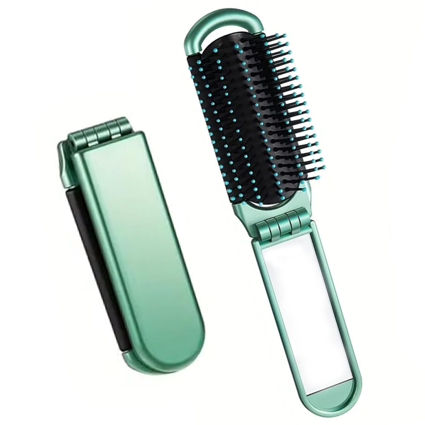 Folding Hair Brush with Mirror for Women and Girls, Mini Pocket Comb with Soft Nylon Bristles, Compact Travel Tool for Purse, Small Portable Hair Styling Accessory On the Go Styling Green