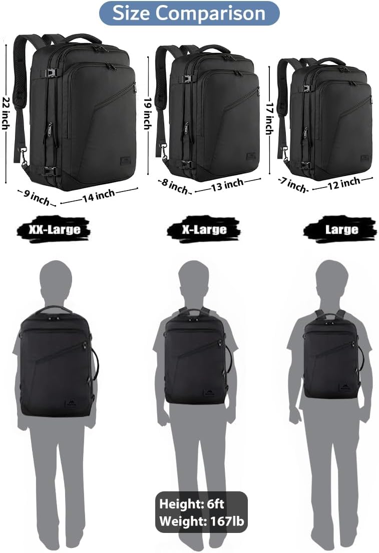 MATEIN Extra Large Carry-On Backpack - Expandable Airplane Approved Travel Bag for Men & Women | Water-Resistant 40L, Black