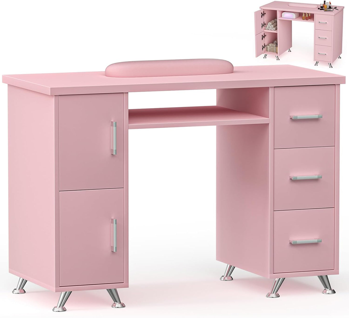 Professional Nail Tech Desk - Acetone Resistant Manicure Table with 3 Drawers & 2 Cabinets | White-Gold Finish for Salon & Home Use
