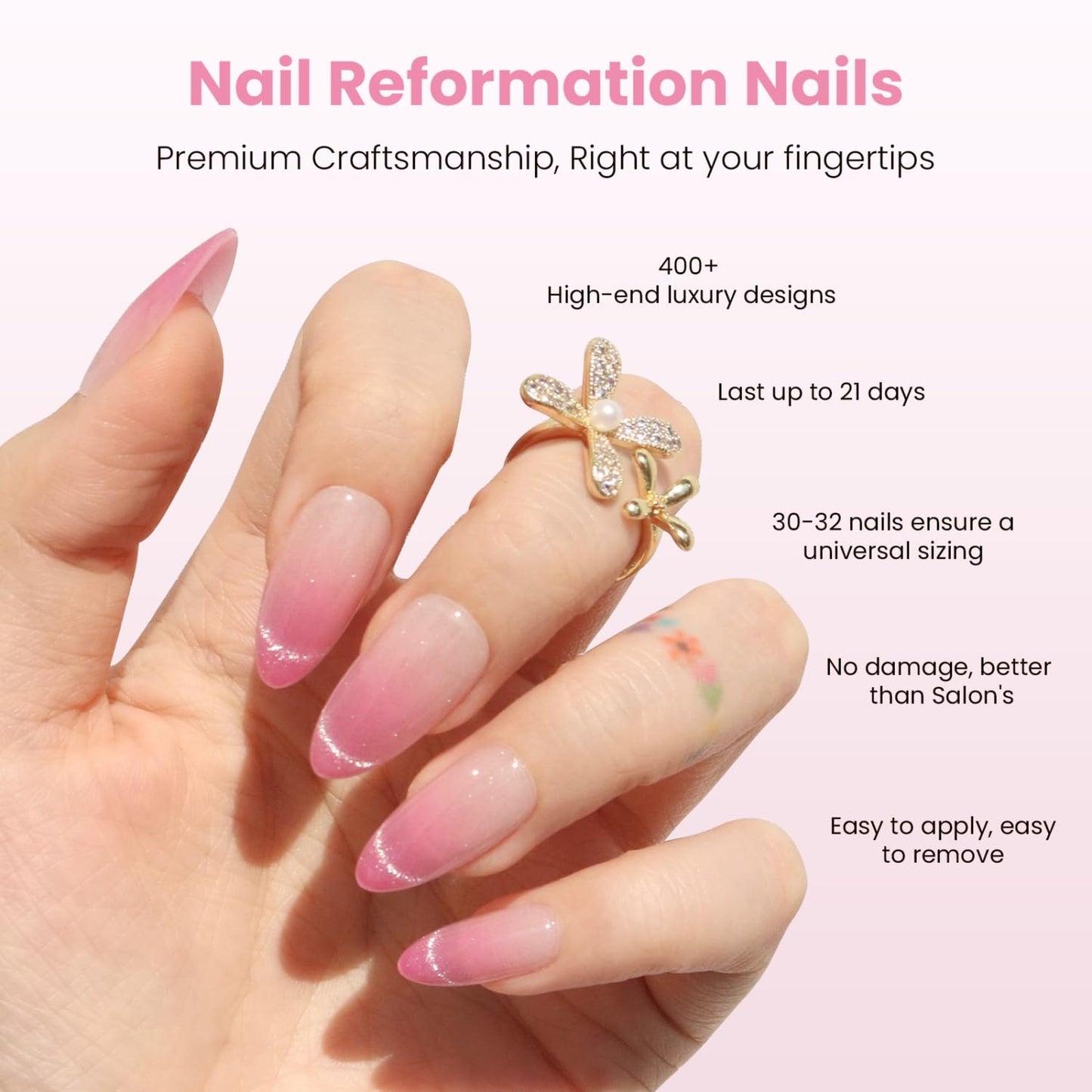 Press On Nails - Ombre Pink Velvet Shimmer Medium Almond | 30 Pcs Reusable Stick-On Kit with Glossy Finish & Glue