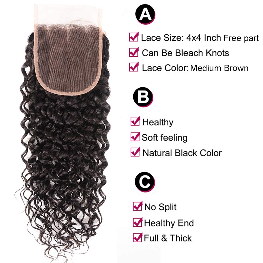 Water Wave Bundles With Closure (16 18 20 +14) Brazilian Virgin Human Hair Curly Wave 3 Bundles with Closure Free Part Wet and Wavy Human Hair Weave Bundles With 4inch x 4inch Closure Natural Color