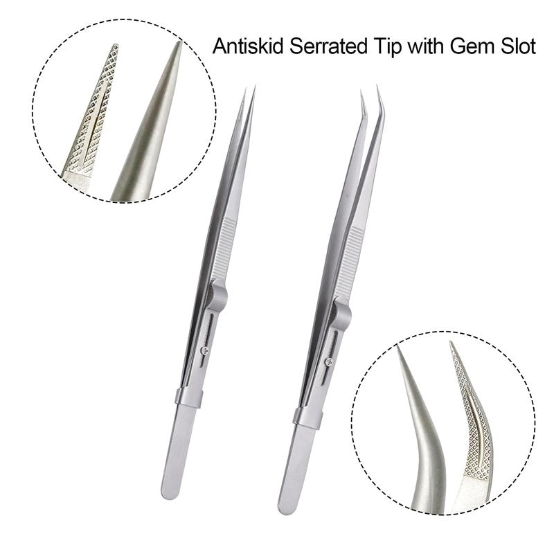 2Pcs Professional Diamond Tweezers Gem Stone Tweezers Jewelry Tweezers Stainless Steel Slide Locking Non-slip Pointed Tip Tweezers with Slot for Jewelers Making