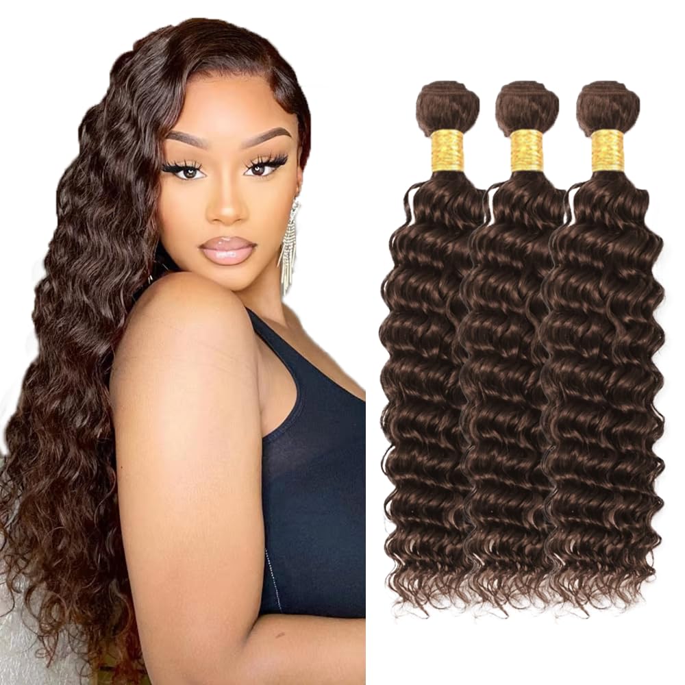 WuvuSnm Brown Bundles Human Hair #4 Deep Wave Bundles 22 24 26 inch Brown Wet and Wavy Bundle #4 Human Hair Bundle