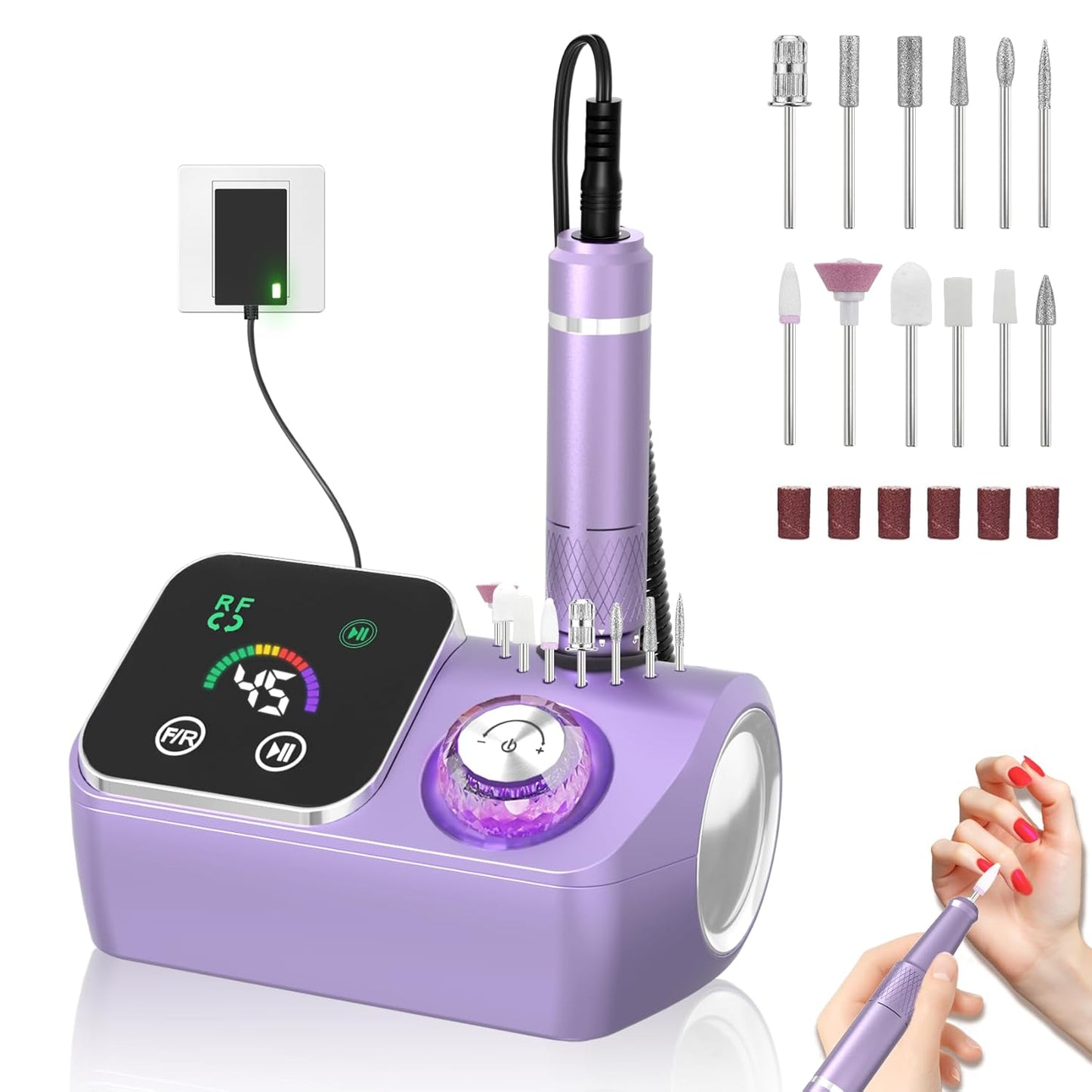Electric Nail Drill E-File Machine - 45,000 RPM Corded Kit with Low Noise & LED Display for Acrylic Gel Nails | Salon & Home Use
