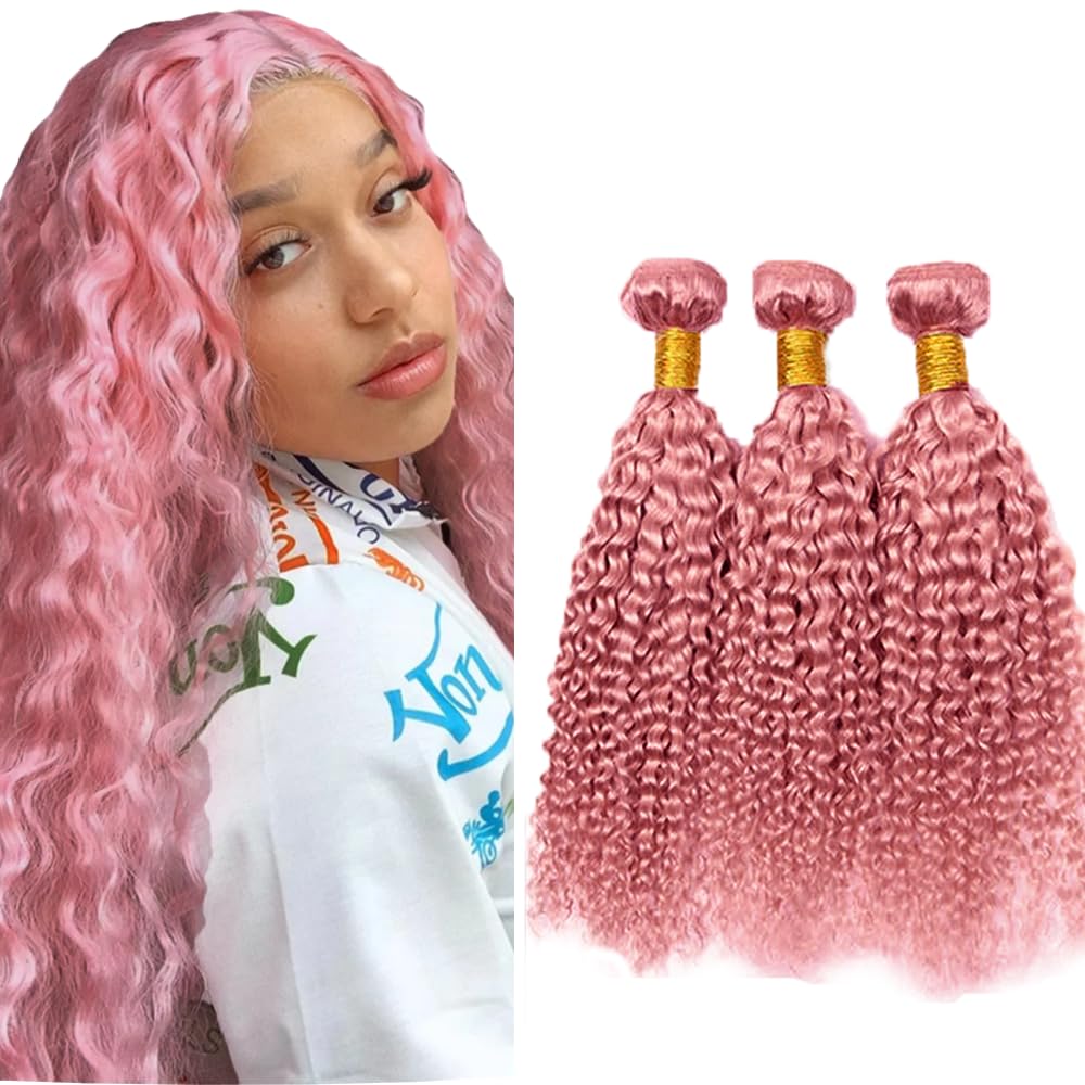 Pink Bundles Human Hair Deep Wave Bundles 16 18 20 Inch Deep Wave Bundles Unprocessed Brazilian Virgin Hair Deals Quick Weave Hair Extensions 3 Bundle 50 Gram Per Bundle