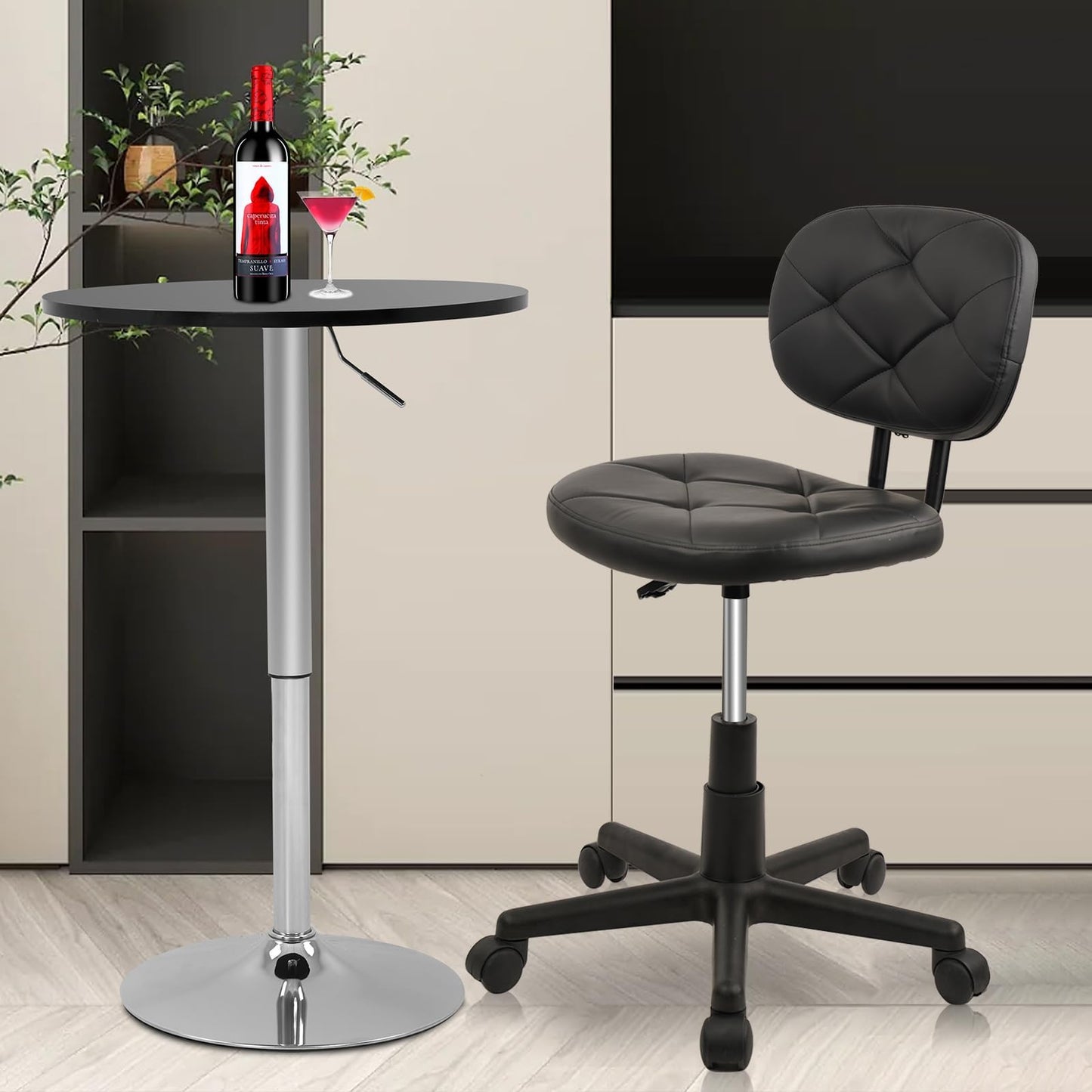 KLASIKA Round Rolling Stool with Adjustable Height and Pu Leather Backrest Swivel Stool Chair for Salon Tattoo Work Office Massage Black