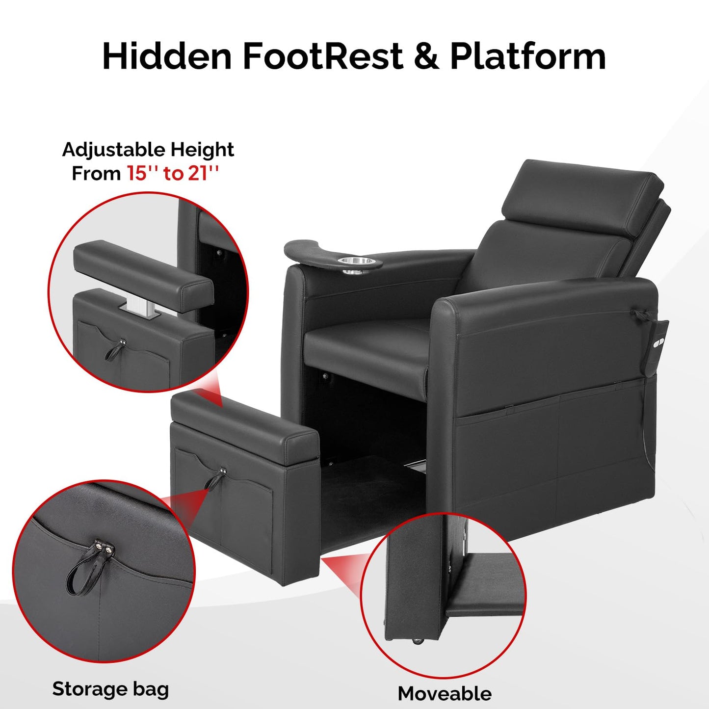 OmySalon Electric Pedicure Chair Pedi Station w/Adjustable Backrest, Movable Cup Holder & Hidden Storage Platform, No-Plumbing Full-Floor Support for Professional Nail Tech Supplies Spa Salon (Black)