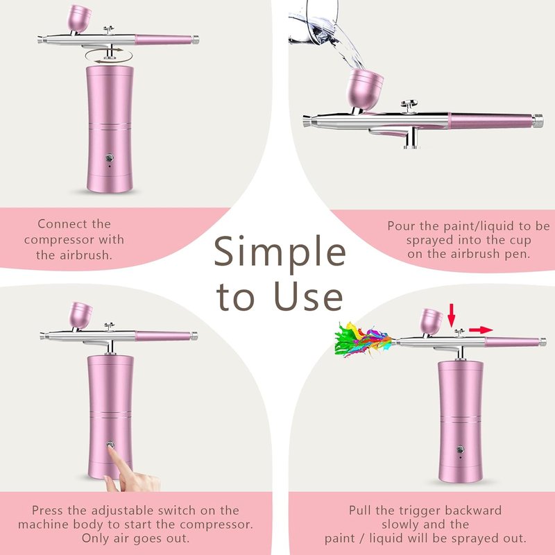 Airbrush Kit - Cordless Rechargeable 32psi Non-Clogging Airbrush Set | 0.3mm Nozzle for Makeup, Nail Art & Crafts (Pink)
