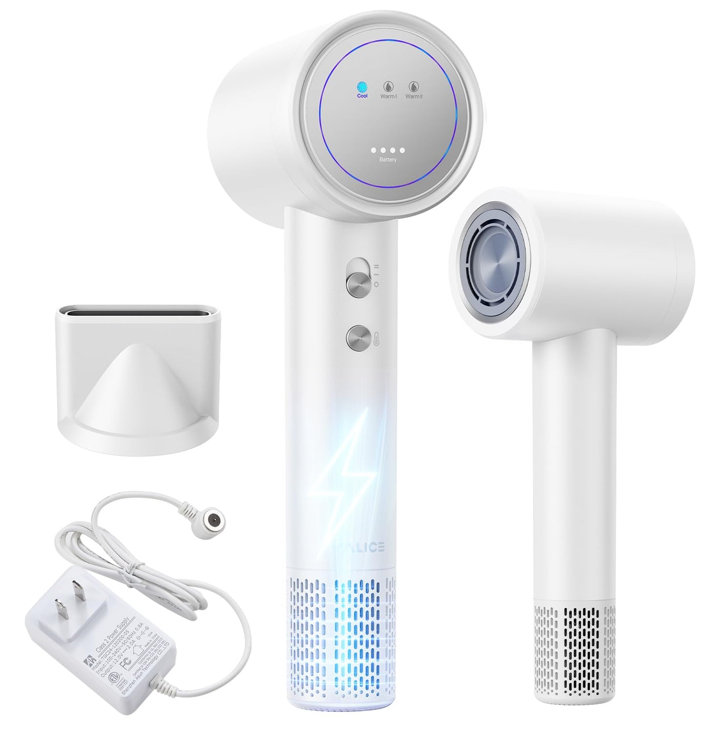 YALICE Cordless Hair Dryer Rechargeable with Digital Screen, 15000mAh Travel Hair Dryer with Magnetic Nozzle, 4 Mode Portable Hair Blow Dryers for Women Kids Outdoor Camping Beaches, White