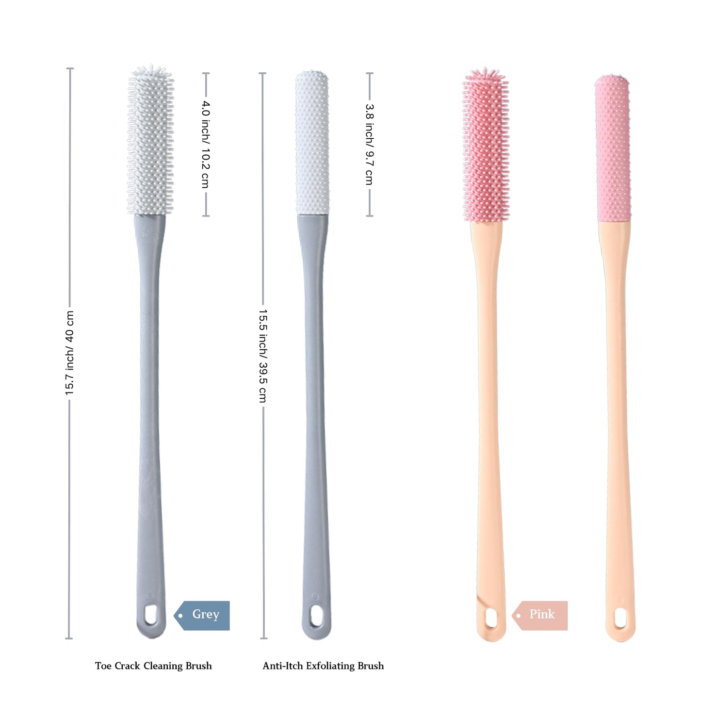 Nurlypop Toe Cleaning Brush with 15.7" Long Handle,Foot Scrubber in Shower,No Bending, Ideal for Seniors, Expecting Mothers, Men & Women | Foot Scrubber & Anti-Itch Exfoliating Brush (2 Pack) (Grey)