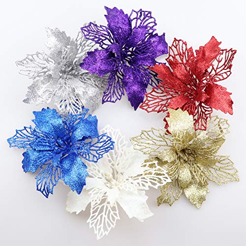 Sopcone 12 Pack Glitter Poinsettia Flowers for Christmas Tree Decorations - 6.2" Diameter (Purple)