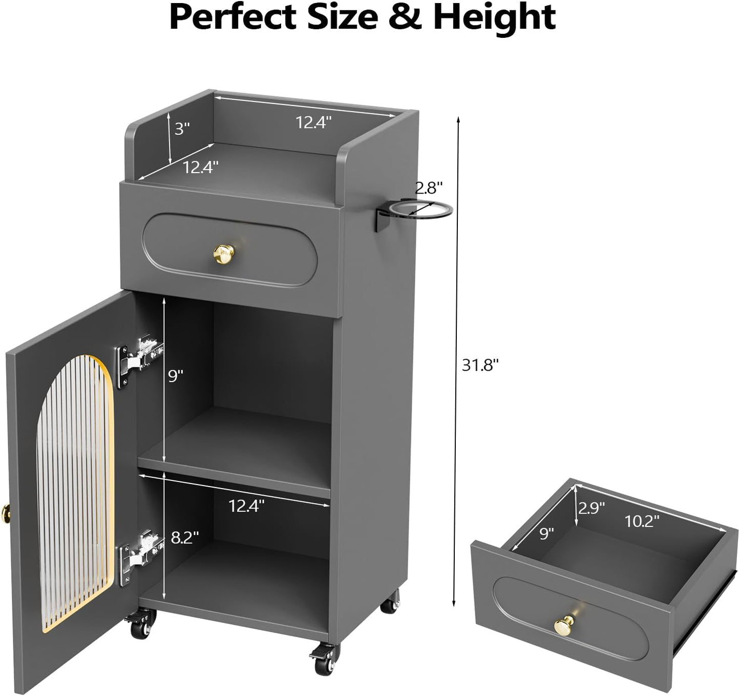 Salon Cart - 3-Tier Rolling Beauty Trolley with Wheels | Adjustable Shelf, Glass Door & Hair Dryer Holder (Gray)