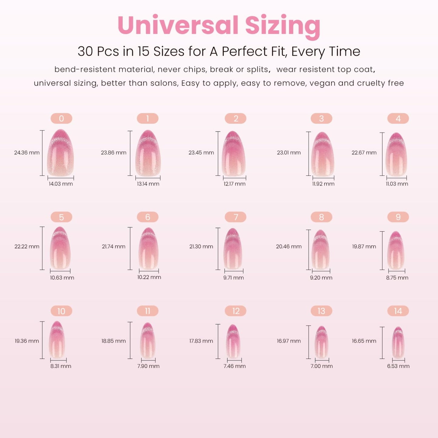 Press On Nails - Ombre Pink Velvet Shimmer Medium Almond | 30 Pcs Reusable Stick-On Kit with Glossy Finish & Glue