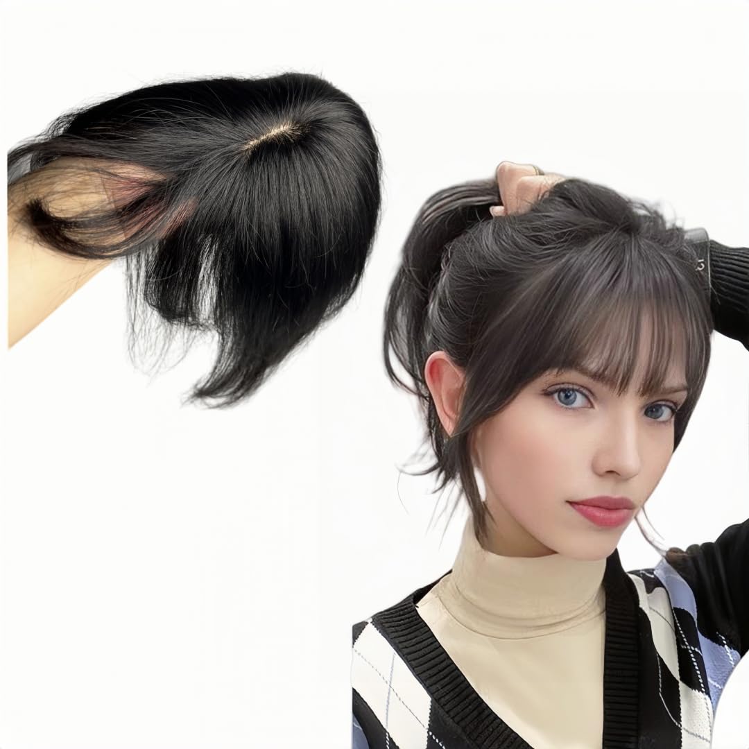 AYunhe Clip in Human Hair Bang with 3D Fringe, Lace Human Hair Topper for Women Middle Part Straight Hair Pieces Wiglets 25cm