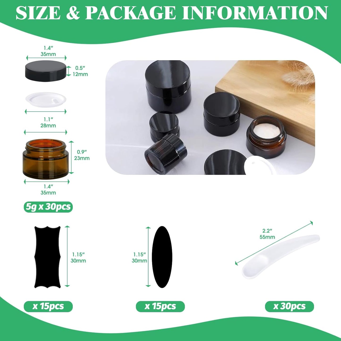 Amber Glass Jars Set - 120 Pcs 5g with Black Lids & Labels | Ideal for Storing Scrubs, Lotions & Bath Salts