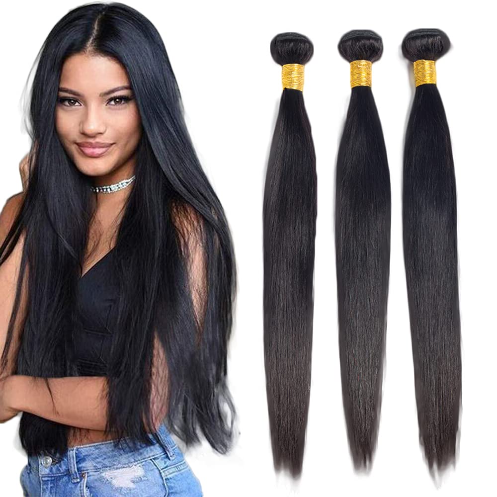 #1B Human Hair Bundles Natural Color Straight Bundles 34 34 34 Inch Balck Unprocessed Brazilian Virgin Hair 3 Bundle 50 Gram Per Bundle Deals Quick Weave Hair Extensions