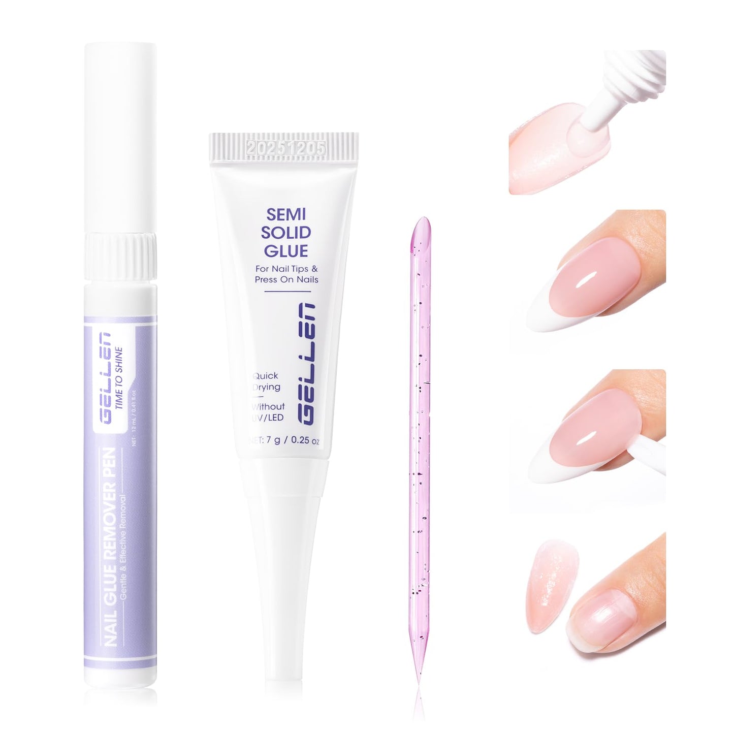 Gellen Semi Solid Nail Glue & Glue Remover for Press ons, Quick Dry Lamp-Free Nail Gel Glue for Nail Tips, Non-Acetone Nail Glue Remover Pen with Precision Nozzle, Safe & Gentle Formula