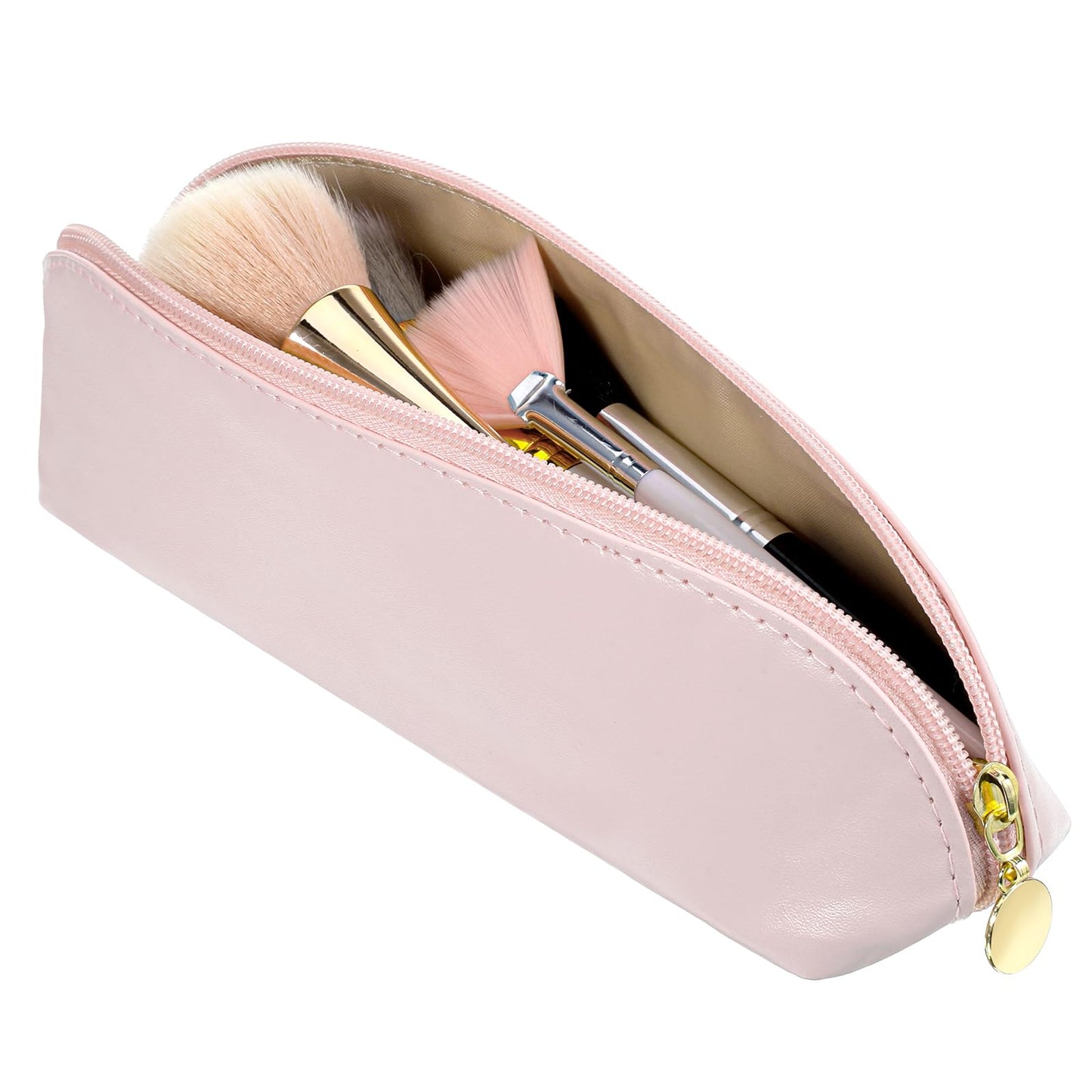 Prasacco Leather Makeup Brush Bag With Zipper, Portable Travel Cosmetic Organizer Case, Compact Toiletry Pouch For Daily Work Essentials