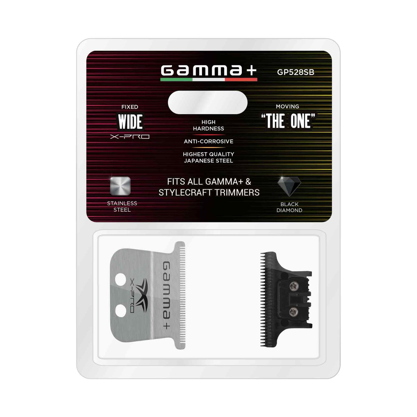 GAMMA+ Replacement X-Pro Wide Stainless Steel with Black Diamond Carbon DLC The One Cutting Trimmer Blade Set
