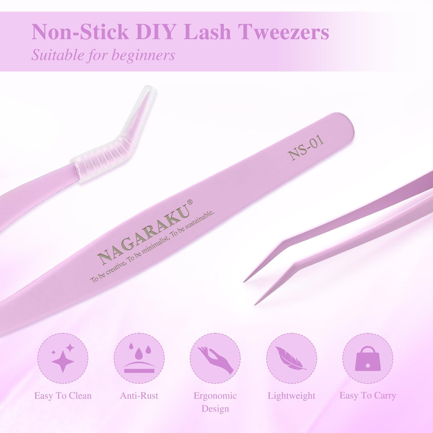 NAGARAKU DIY Cluster Lashes Tweezers, NS-01 Non-stick DIY Tweezer Eyelash Applicator Nano Anti-Stick Coating Precision Pinzas Light Ergonomic for Flawless DIY Lash Extensions Makeup