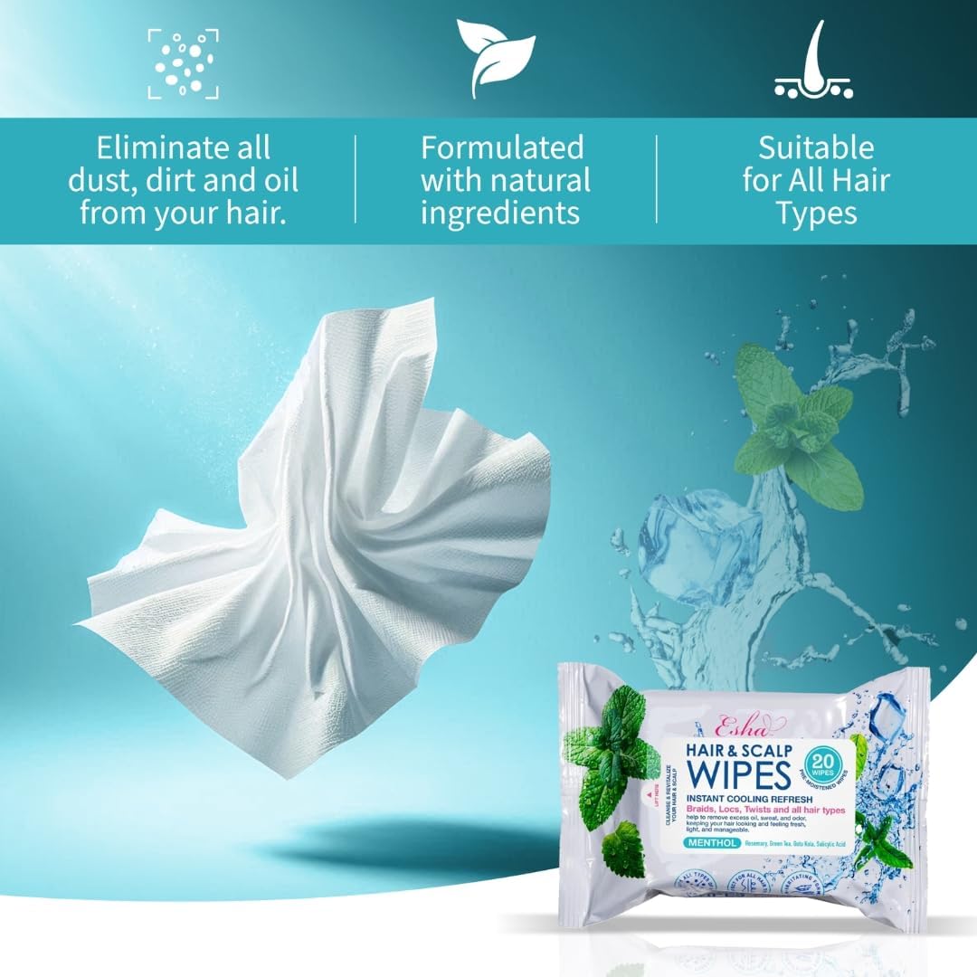 Esha Hair & Scalp Wipes - Instant Cooling Refresh for Braids, Locs & Twists | All Hair Types