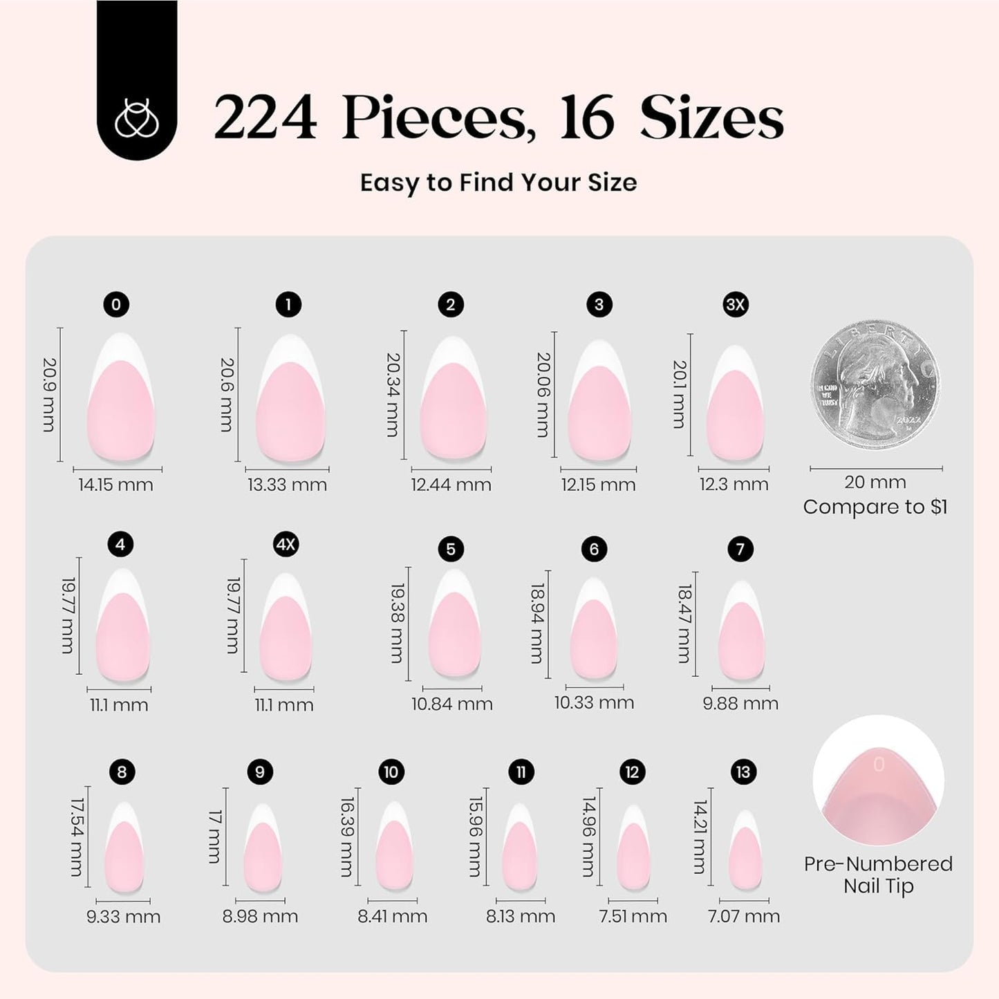 Beetles French Tips Press On Nails: 224 Pcs Pink Short Almond Press On Nails, Reusable Acrylic Nail Tips Soft Gel Nail Tips False Nails Art DIY for Women,16 Sizes