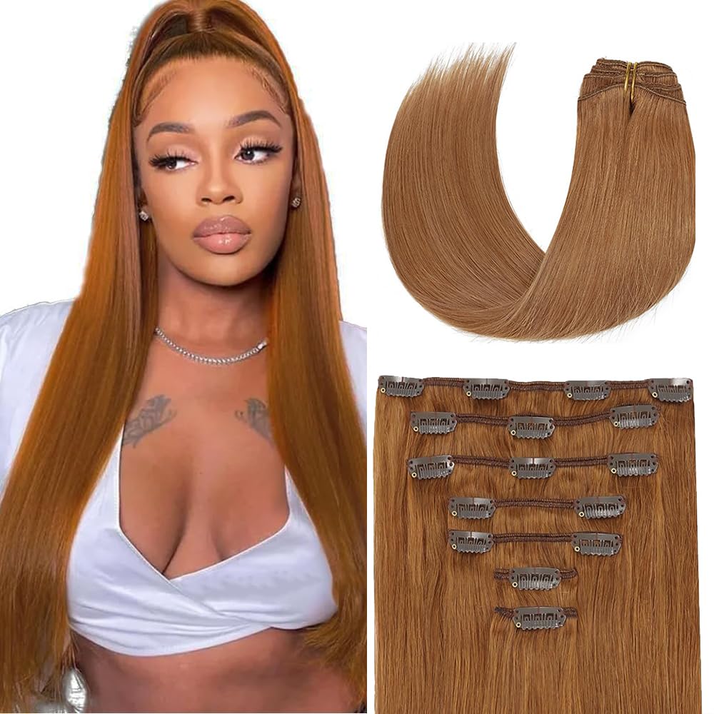 #30 Brown Clip in Hair Extensions Real Human Hair, 18 Inch 120g/7Pcs,Full Shine Remy Human Hair,Light Brown Straight Clip ins Brazilian Virgin Human Hair Extensions