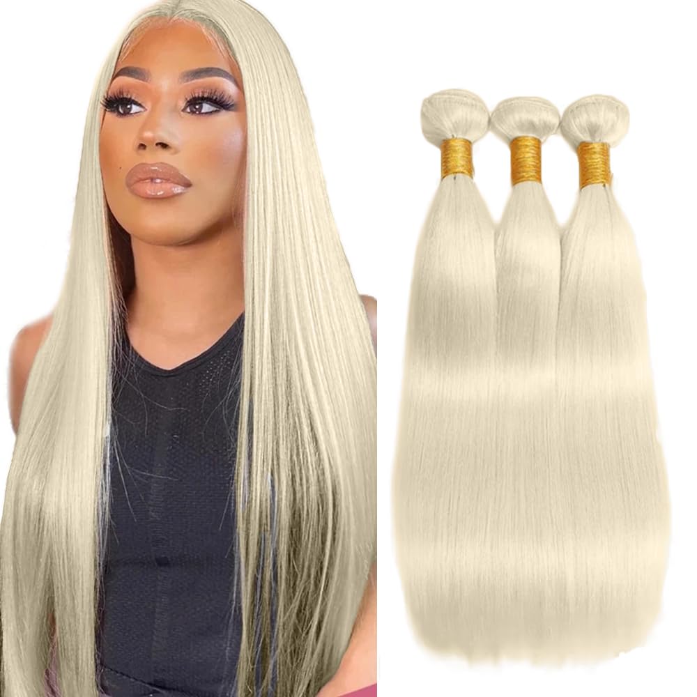 14 16 18 Inch #88 Platinum Blonde Bundles Human Hair Straight Bundles Blonde Color Straight 3 Bundles 50g/Bundle Unprocessed Brazilian Virgin Weave Hair Extensions for Black Women