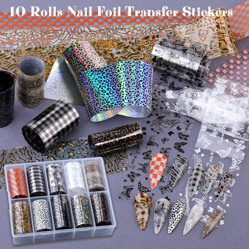 10 Rolls Nail Art Foil Stickers - Butterfly, Leopard & Lace Designs