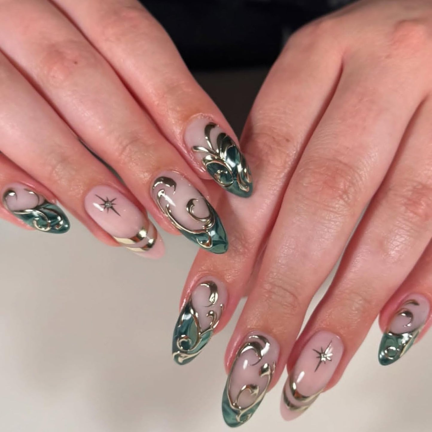 Press On Nails - French Tip Rhinestone Design | Medium Almond Glossy Full Cover - 24 Pcs for Women