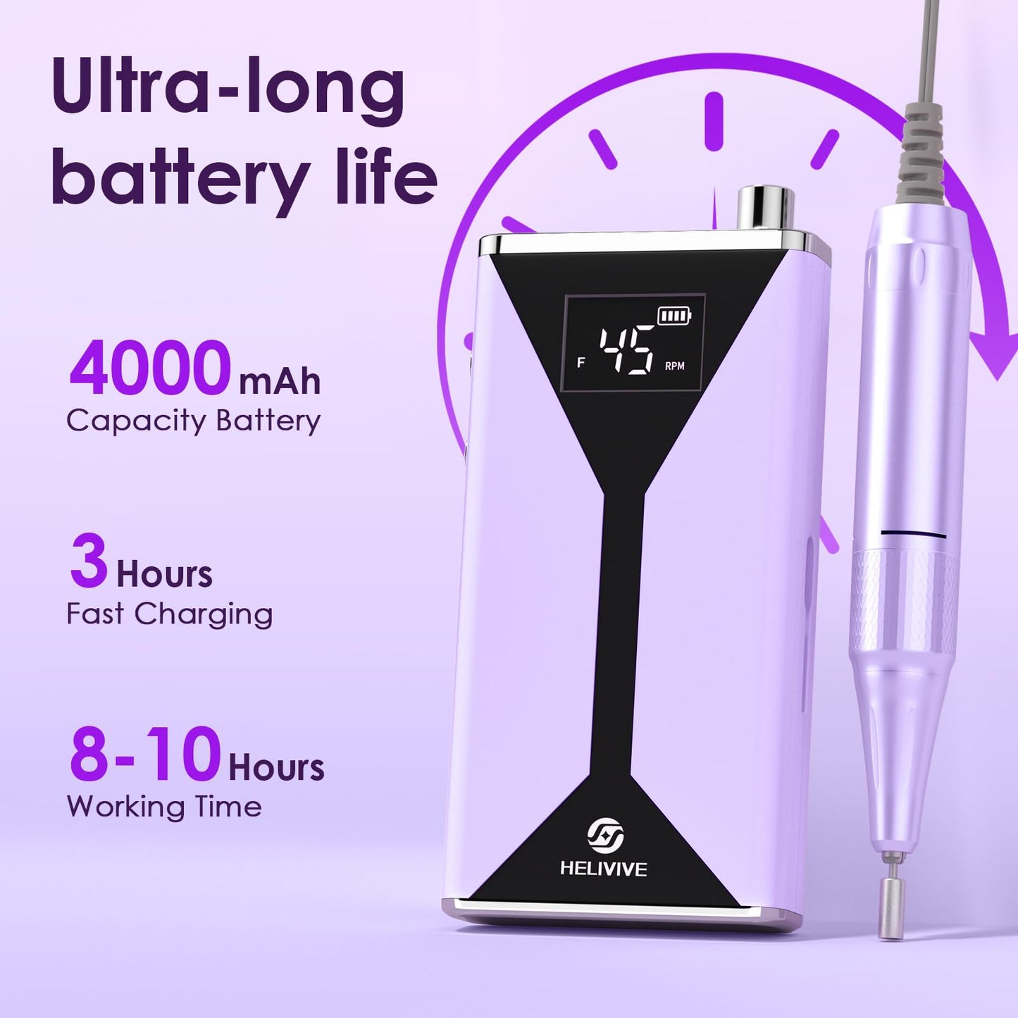 HELIVIVE Professional Electric Nail Drill 45000RPM (Portable & Rechargeable) (with 11 Drill Bits ) Cordless Nail File Machine for Shaping, Polishing & Removing Gel Nails for Salon Home(Purple)