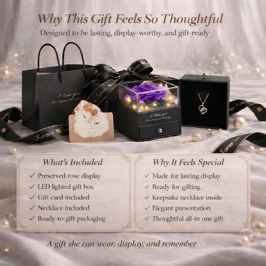 for Mom Wife - Preserved Real Rose Gift Box with Heart Necklace “I Love You” in 100 Languages, Forever Rose Flowers Gifts for Mom, Anniversary Birthday Gift for Her