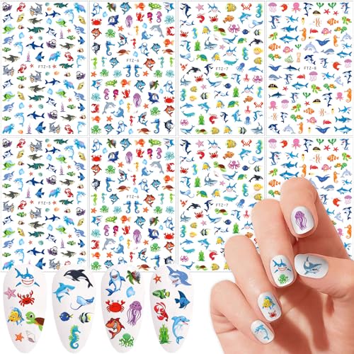 FUMIHIT Ocean Animals 8 Sheets Shark Nail Art Stickers 3D Self-Adhesive Decals