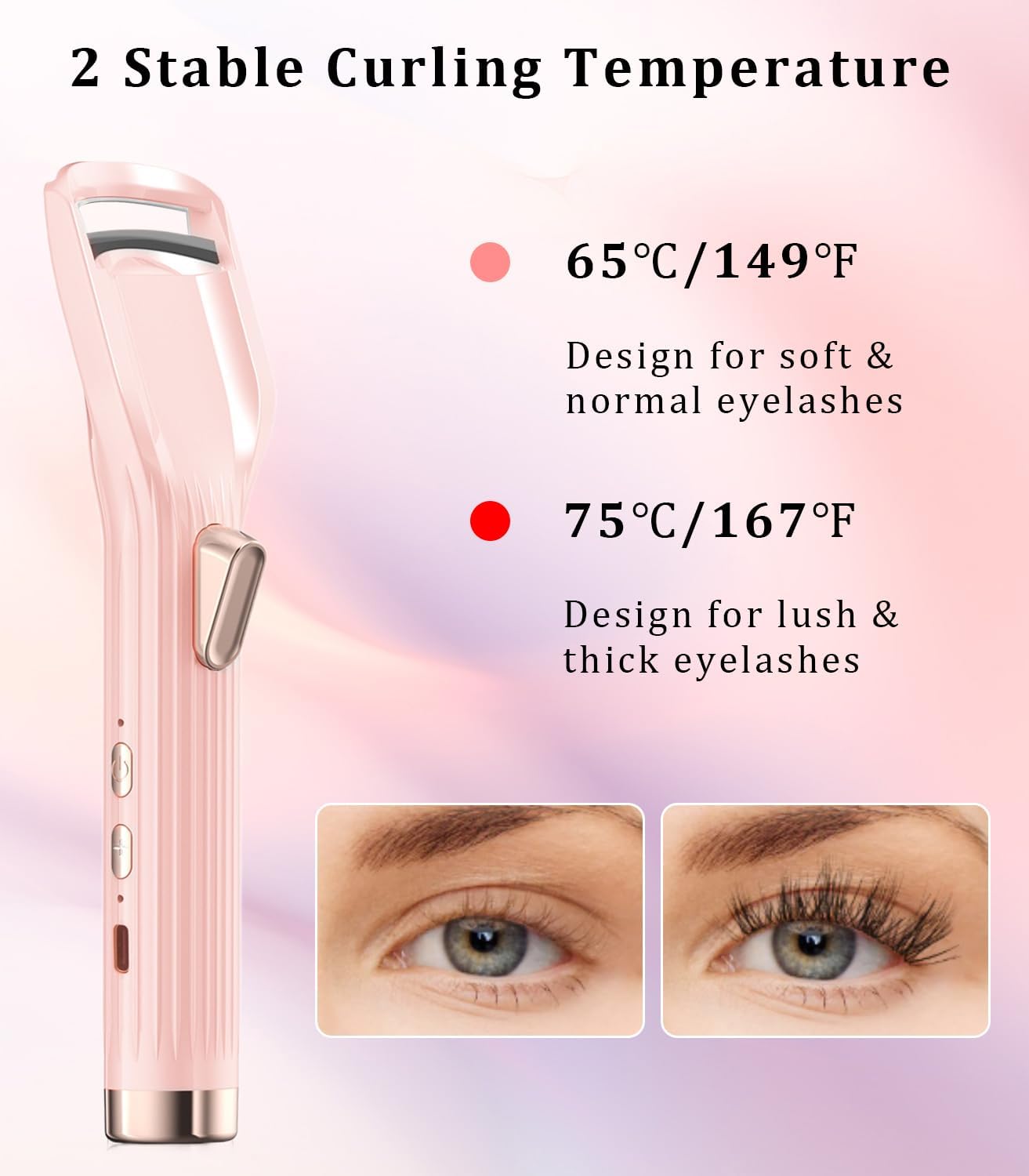 Heated Eyelash Curler - Fast Heating Rechargeable Electric Curler with Anti-Burn Technology | Pink, 2 Heat Modes