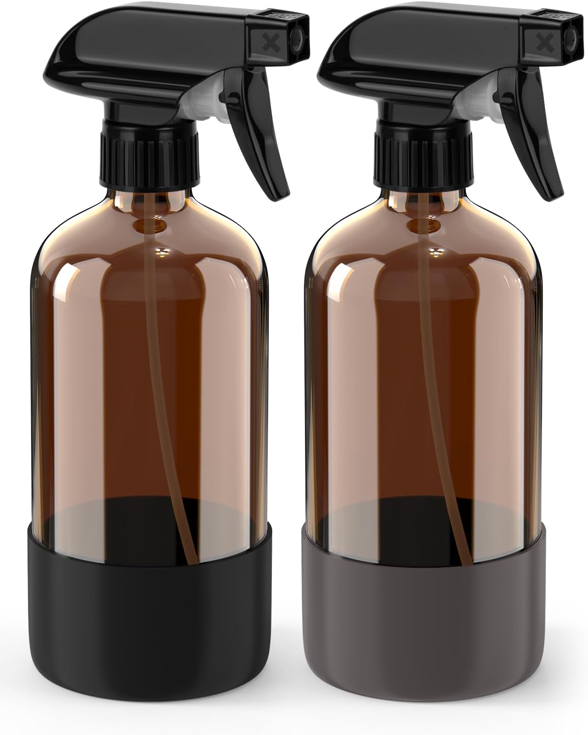 Bontip Amber Glass Spray Bottle Set - Silicone Sleeve Protection for Aromatherapy & Hair Care | 16 oz (Black & Brown)