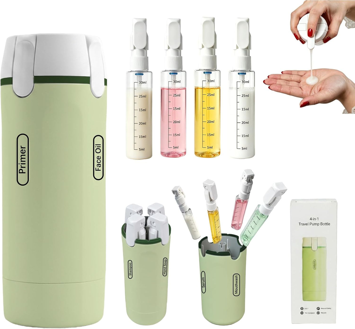 Travel Dispenser Bottle Set - 4 Pack 30ML Leak-Proof Toiletry Containers | Green