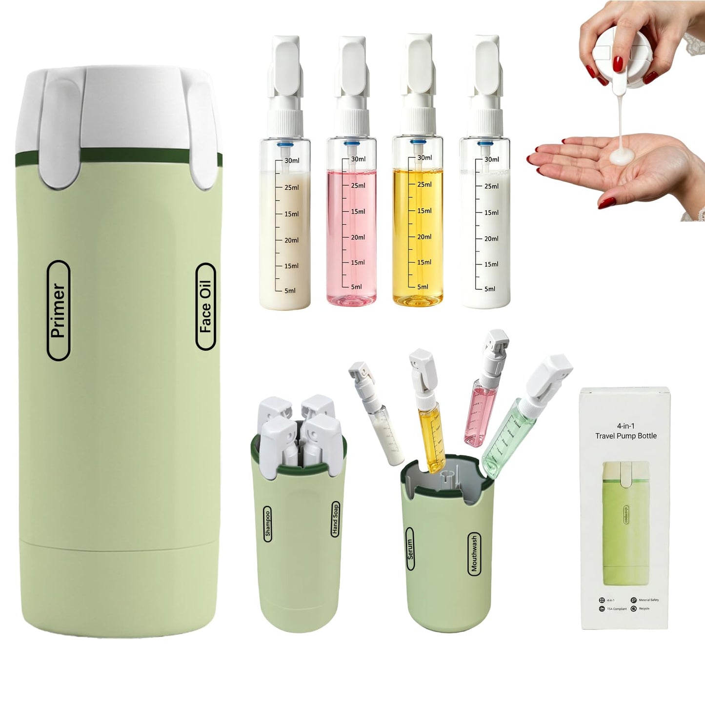 EASYFORALL 4 in 1 Travel Dispenser Bottle,4 Pack 30ML Travel Bottles for Toiletries, Leak Proof Travel Size Containers (Green)
