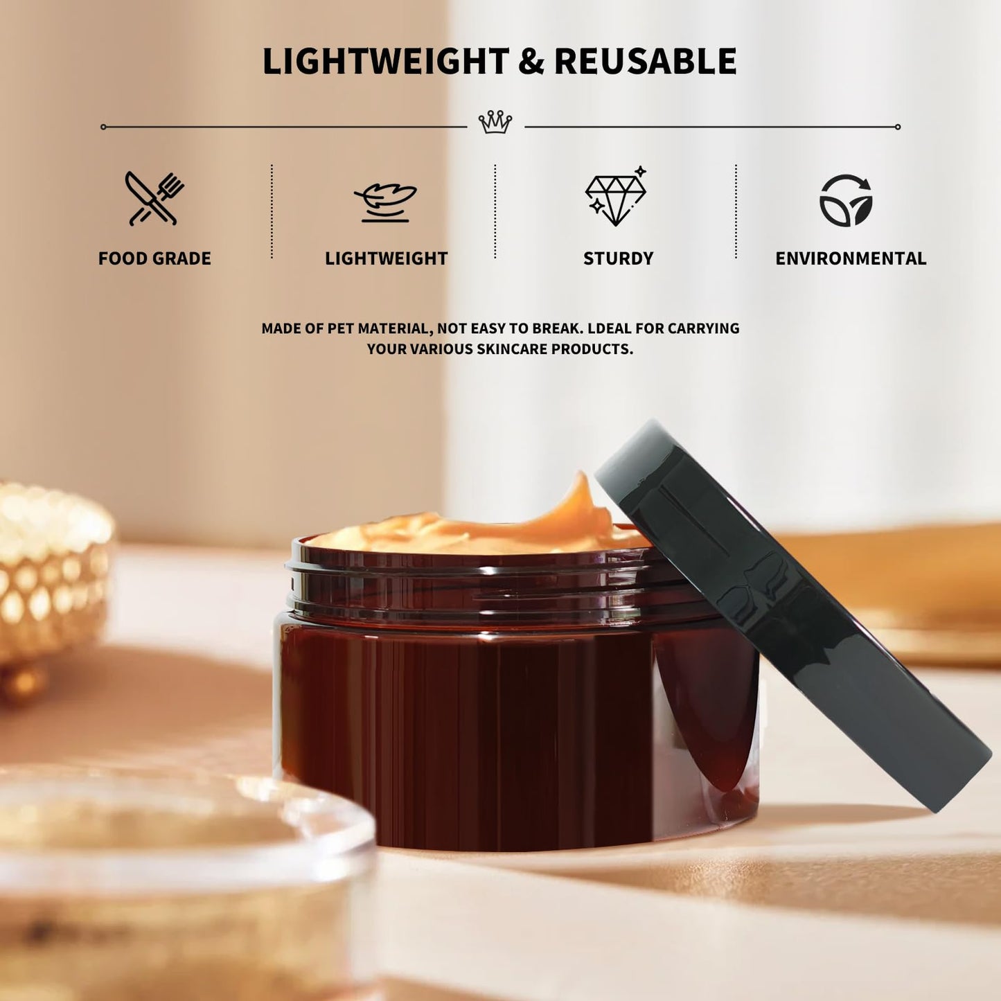 8 oz Plastic Container Jars with Labels, 6 Pcs Empty Round Cosmetic Containers with Black Lid for Cream, Body Butter, Makeup, Travel Samples (Amber)