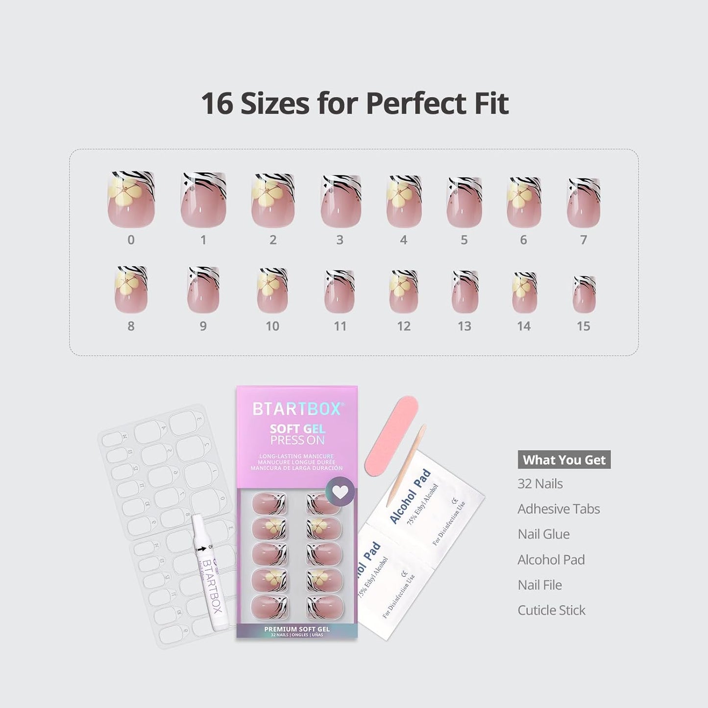 French Tip Press On Nails - Isle Plumeria | Easy-Apply Flower Short Square Design, 32 Nails in 16 Sizes