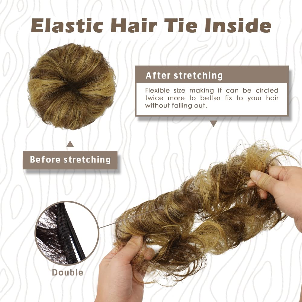 BARSDAR 100% Human Hair Bun Extension - Elastic Wavy Curly Messy Bun Scrunchies for Women - Brown Blonde Real Human Hair Updo Extensions Thick Fluffy Chignons Hairpieces - Brown mix Blonde